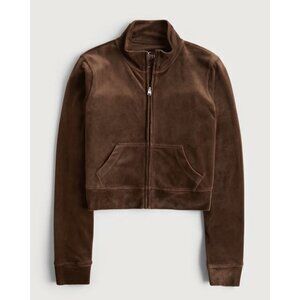 NWT HOLLISTER‎ CROP VELOUR FULL-ZIP SWEATSHIRT SIZE L Color Dark Brown